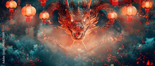 gold snake with red accents, symbolizing Chinese New Year 2025, against empty background with hanging lanterns and luxurious decorative elements. ai generated photo