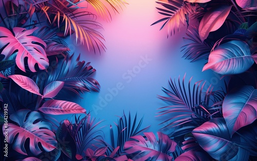 Tropical palm leaves, vivid bold holographic neon colors. 