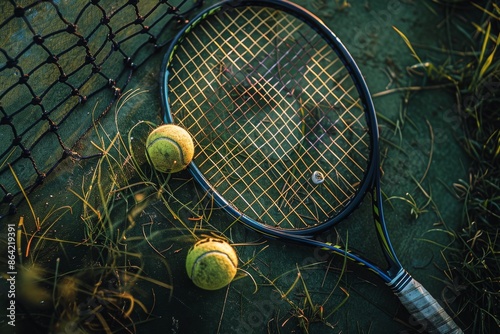 Tennis Racket and Balls on Grass Court at Sunset