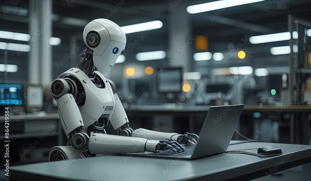 robots work in front of a laptop or computer. robots replace regular employees. Robot intelligence replaces human work. worker robots of the future. robot in action robots work in front of a laptop or computer. robots replace regular employees. Robot intelligence replaces human work. worker robots of the future. robot in action