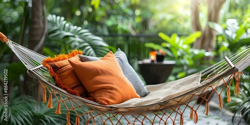 Soft garden hammock pillow brings modern comfort to outdoor relaxation. Concept Outdoor Decor, Modern Comfort, Hammock Accessories, Garden Relaxation, Home Improvement photo