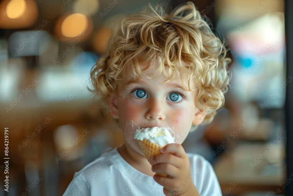 In a waffle cone, a little boy with blond hair is eating ice cream. In a waffle cone, a little boy with blond hair is eating ice cream.