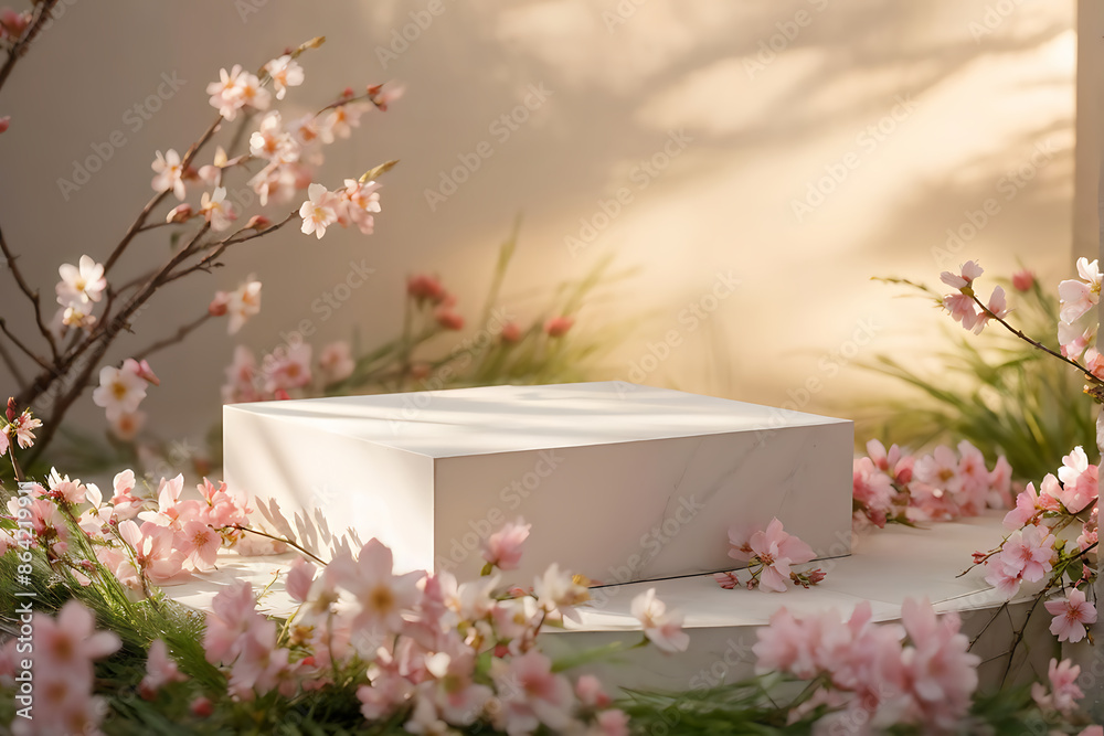 Background podium 3D spring flower product beauty pink display nature. 3D podium stand background scene floral mockup cosmetic white blossom summer abstract shadow platform minimal design render stage Background podium 3D spring flower product beauty pink display nature. 3D podium stand background scene floral mockup cosmetic white blossom summer abstract shadow platform minimal design render stage