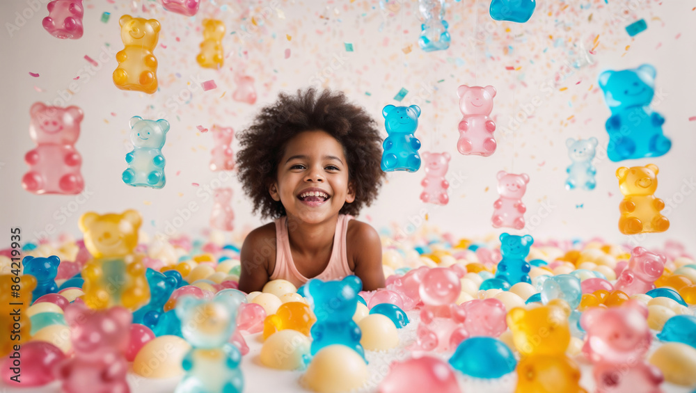 Bambino di origini afro americane sorride felice ricoperto da una cascata di orsetti di gelatina e zucchero Bambino di origini afro americane sorride felice ricoperto da una cascata di orsetti di gelatina e zucchero