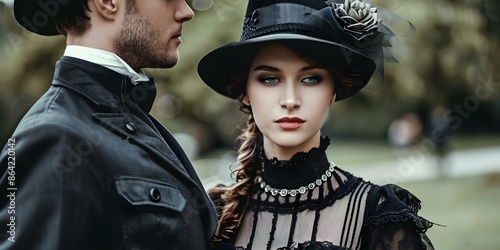 Fashionable individuals wearing Victorianera attire. Concept Fashion, Victorian Era, Vintage Style, Historical Fashion, Costume Design photo