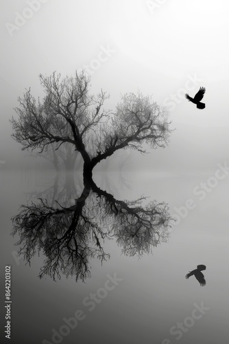 Black and white photo of a bird flying over a foggy lake. Bare tree branch in the foreground. Water mirror effect.