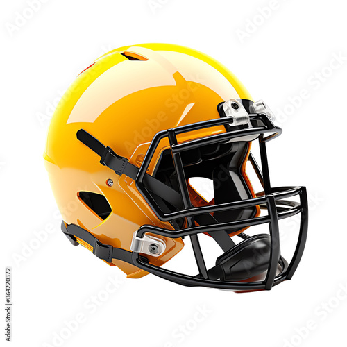 Bright yellow American football helmet with black faceguard isolated on white background, perfect for sports and safety gear concepts.