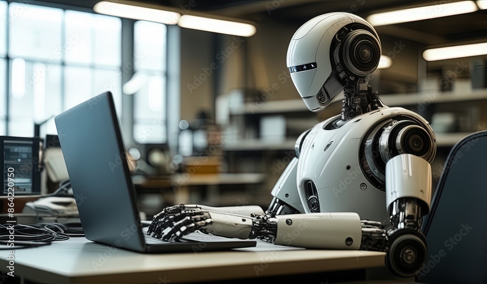 robots work in front of a laptop or computer. robots replace regular employees. Robot intelligence replaces human work. worker robots of the future. robot android robots work in front of a laptop or computer. robots replace regular employees. Robot intelligence replaces human work. worker robots of the future. robot android