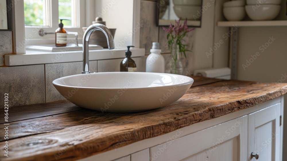 Rustic bathroom sink with white ceramic basin on natural wooden countertop, surrounded by modern soap dispensers and small decorative plants in a shabby chic style