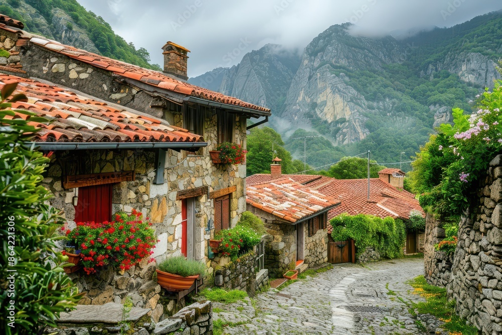 picturesque mountain village nestled in a lush green valley rustic stone cottages with red tile roofs winding cobblestone streets and blooming flower boxes misty peaks in the background picturesque mountain village nestled in a lush green valley rustic stone cottages with red tile roofs winding cobblestone streets and blooming flower boxes misty peaks in the background