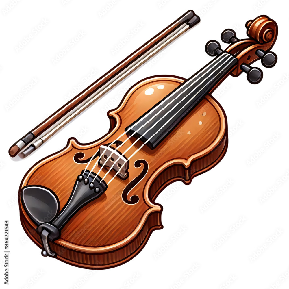 Fototapeta premium A cartoon of a classical violin lying on a transparent background. The violin is well-aged with a rich, warm brown varnish