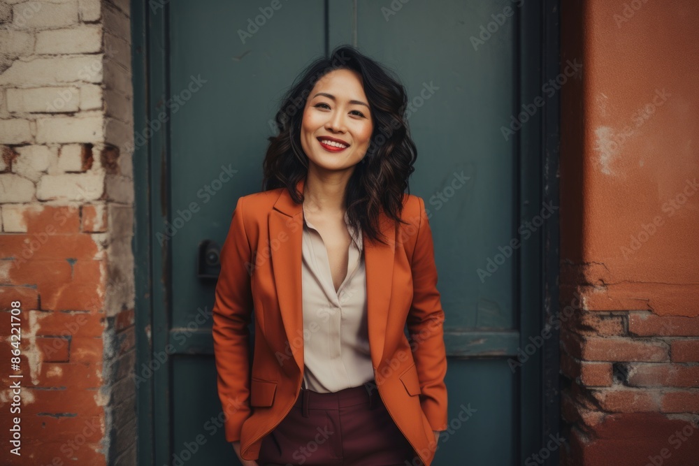 Fototapeta premium Portrait of a happy asian woman in her 30s dressed in a stylish blazer on vintage brick wall