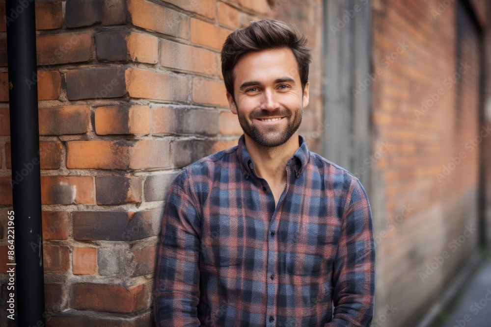 Portrait of a glad man in his 30s wearing a comfy flannel shirt on vintage brick wall