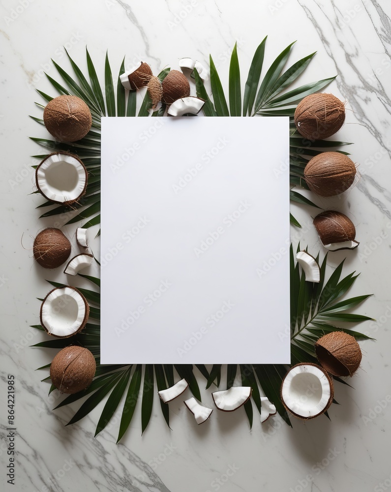Flat lay of a blank white piece of paper centered on a marble surface. The paper is surrounded by tropical palm leaves and halved coconuts. Ideal for various design and presentation purposes Flat lay of a blank white piece of paper centered on a marble surface. The paper is surrounded by tropical palm leaves and halved coconuts. Ideal for various design and presentation purposes
