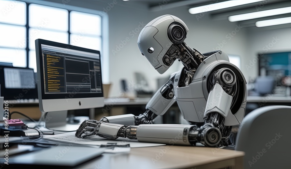 robots work in front of a laptop or computer. robots replace regular employees. Robot intelligence replaces human work. worker robots of the future. robot with laptop