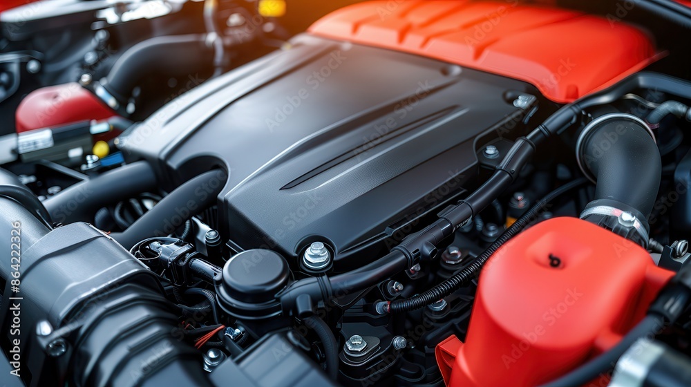 Detailed view of a modern car engine showcasing red and black components, highlighting the engineering and intricate design. Detailed view of a modern car engine showcasing red and black components, highlighting the engineering and intricate design.