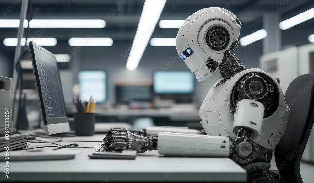 robots work in front of a laptop or computer. robots replace regular employees. Robot intelligence replaces human work. worker robots of the future. robot with laptop robots work in front of a laptop or computer. robots replace regular employees. Robot intelligence replaces human work. worker robots of the future. robot with laptop