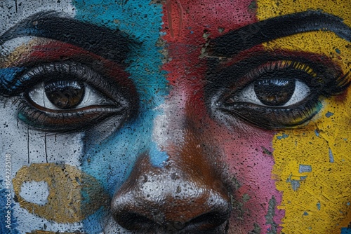 Colorful Urban Street Art Mural with Expressive Eyes Perfect for Wall Art Prints and Posters