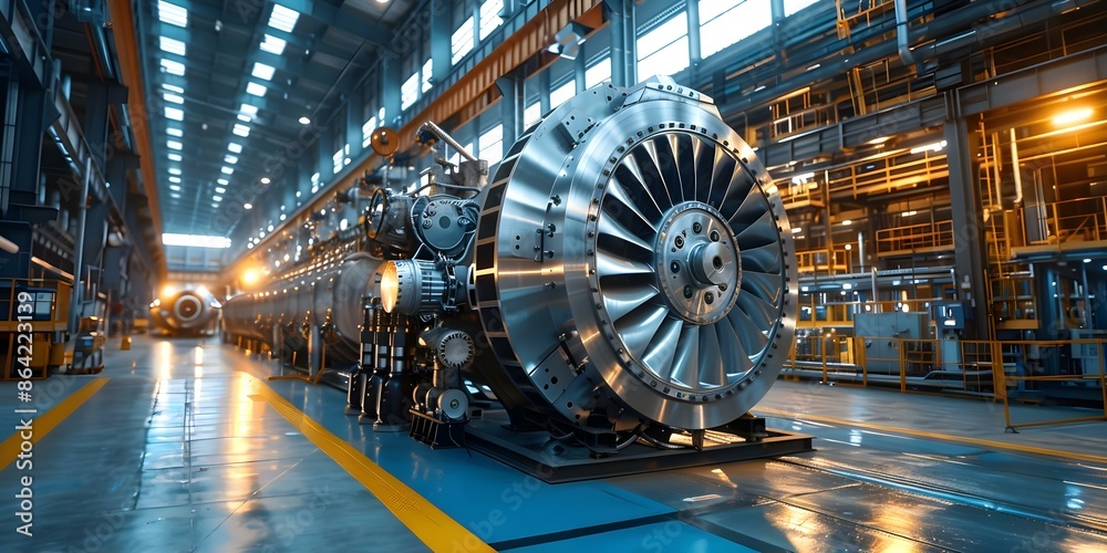 Obraz premium Twilight power factory with gas turbine for electricity generation in energy. Concept Power Generation, Gas Turbine, Energy Efficiency, Twilight Technology, Electricity Production