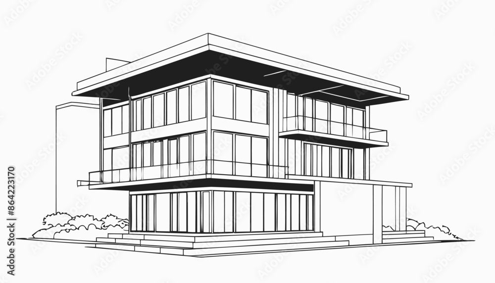 Continuous Line Illustration of a Flat Roof House Continuous Line Illustration of a Flat Roof House