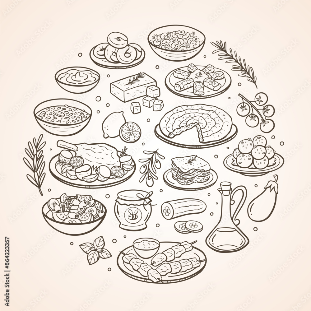 Hand-drawn typical Greek food dishes and the most used ingredients in Greek cuisine. Isolated items. Vector illustration. Hand-drawn typical Greek food dishes and the most used ingredients in Greek cuisine. Isolated items. Vector illustration.