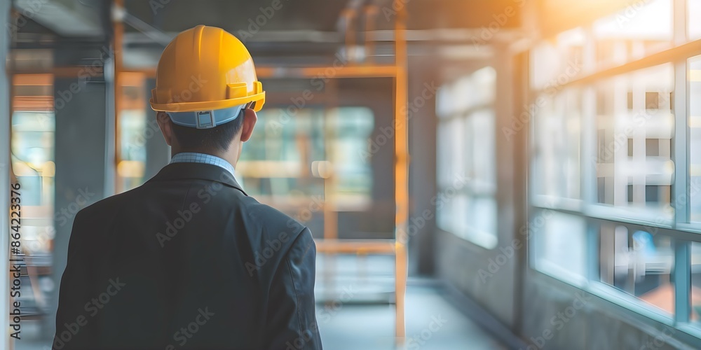 Construction worker in safety helmet inspecting work at site no person present. Concept Construction, Worker, Safety Helmet, Inspection, Site Construction worker in safety helmet inspecting work at site no person present. Concept Construction, Worker, Safety Helmet, Inspection, Site