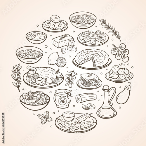 Hand-drawn typical Greek food dishes and the most used ingredients in Greek cuisine. Isolated items. Vector illustration.