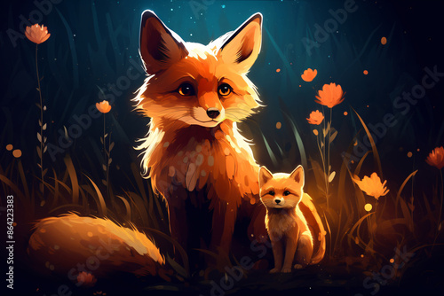 a digital art of a fox and a baby fox photo
