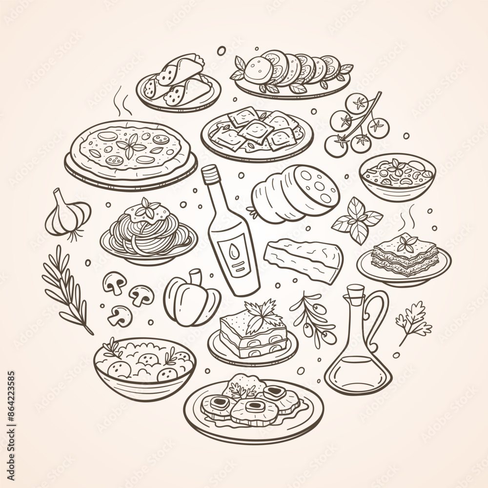 Hand-drawn typical Italian food dishes and the most used ingredients in Italian cuisine. Isolated items. Vector illustration. Hand-drawn typical Italian food dishes and the most used ingredients in Italian cuisine. Isolated items. Vector illustration.