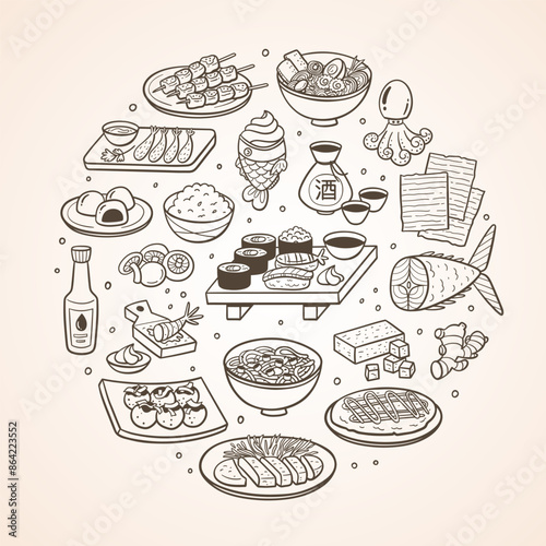 Hand-drawn typical Japanese food dishes and the most used ingredients in Japanese cuisine. Isolated items. Vector illustration.