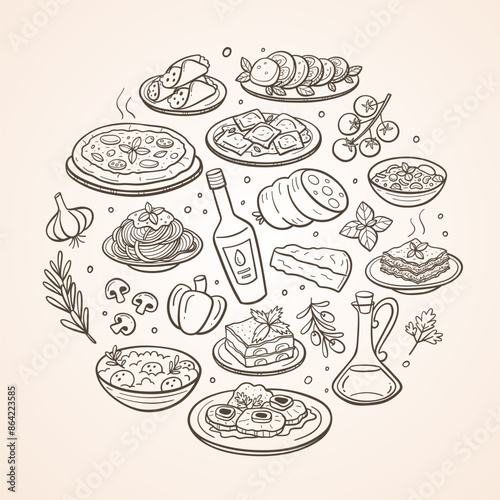 Hand-drawn typical Italian food dishes and the most used ingredients in Italian cuisine. Isolated items. Vector illustration.