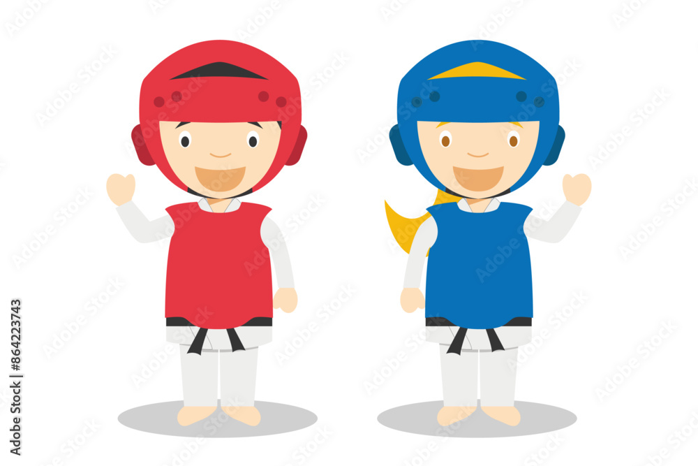 Sports vector illustrations: Taekwondo male and female cartoon characters Sports vector illustrations: Taekwondo male and female cartoon characters