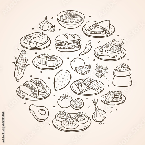 Hand-drawn typical Mexican food dishes and the most used ingredients in Mexican cuisine. Isolated items. Vector illustration.