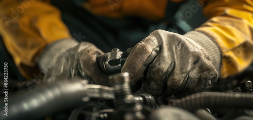 Close-up of mechanic's hands with gloves working on a car engine, showcasing detailed automotive repair and maintenance in a workshop.