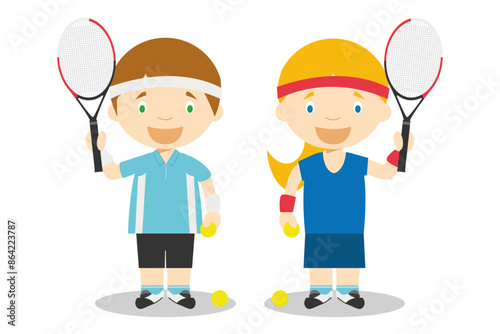Sports vector illustrations: Tennis male and female cartoon characters