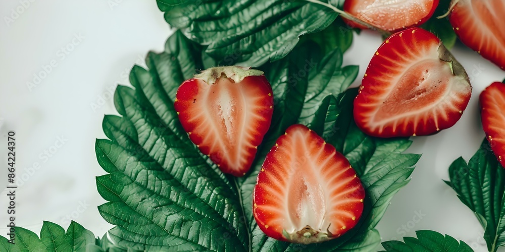 Obraz premium Strawberry slices on green leaves isolated background Fresh organic fruit. Concept Food Photography, Healthy Eating, Fruits and Vegetables, Organic Produce, Vibrant Colors