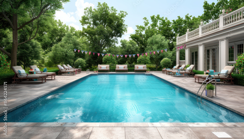 Fototapeta premium Friends Having a Pool Party with Festive Red, White, and Blue Decorations, Enjoying Summer Fun, Water Games, Barbecue, Music, and Good Times by the Poolside in a Lively and Patriotic Atmosphere