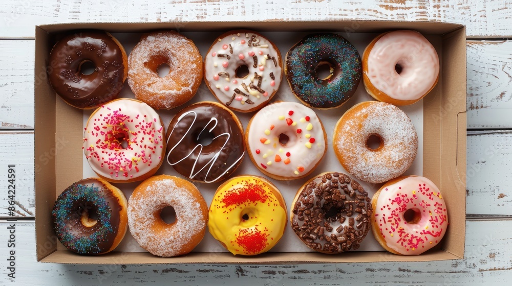 Donuts with decorative glaze in a box on a white wooden surface flat lay display model
