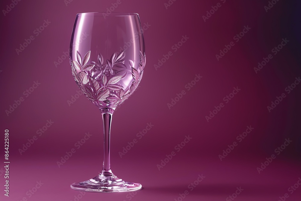 Elegant crystal wine glass with etched vine motifs, refined design, flat lay on a deep purple background Elegant crystal wine glass with etched vine motifs, refined design, flat lay on a deep purple background