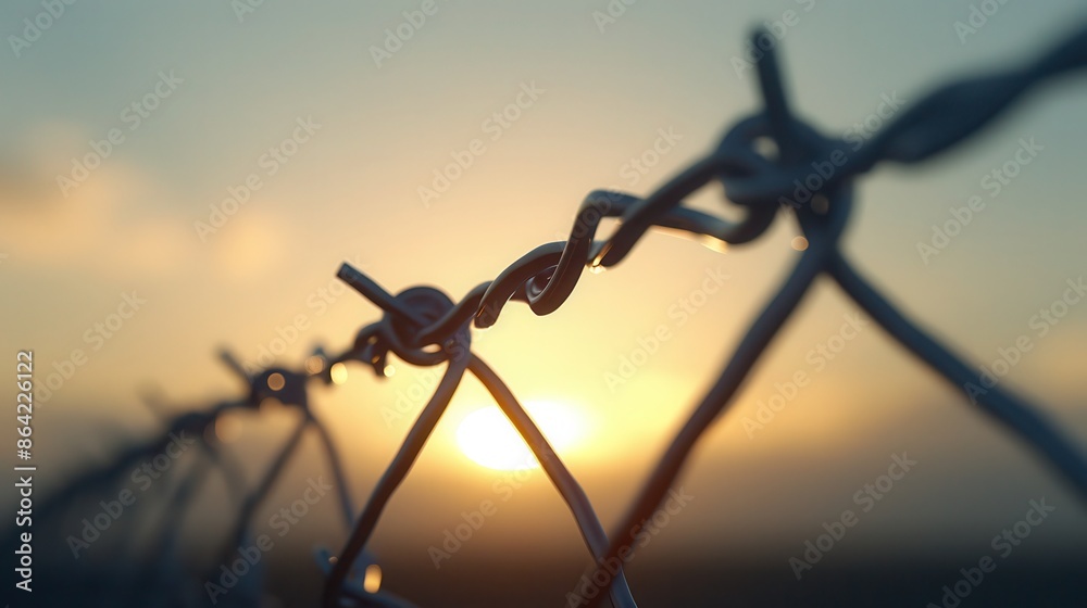 Close-up view of a fence with a beautiful sunset background, focusing on details of the wire mesh and warm light. Close-up view of a fence with a beautiful sunset background, focusing on details of the wire mesh and warm light.