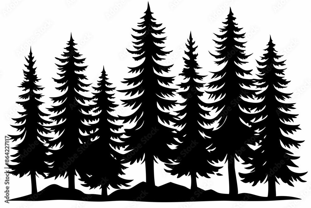 Obraz premium Pine tree silhouettes, Fir trees silhouette. Evergreen forest firs and spruces black shapes, wild nature trees templates. Vector illustration woodland trees set on white background
