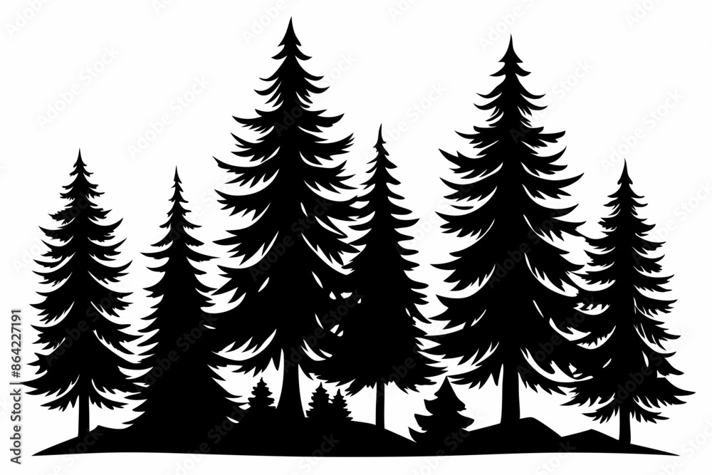 Obraz premium Fir trees silhouettes, Pine tree silhouettes vector, Vintage trees and forest silhouettes