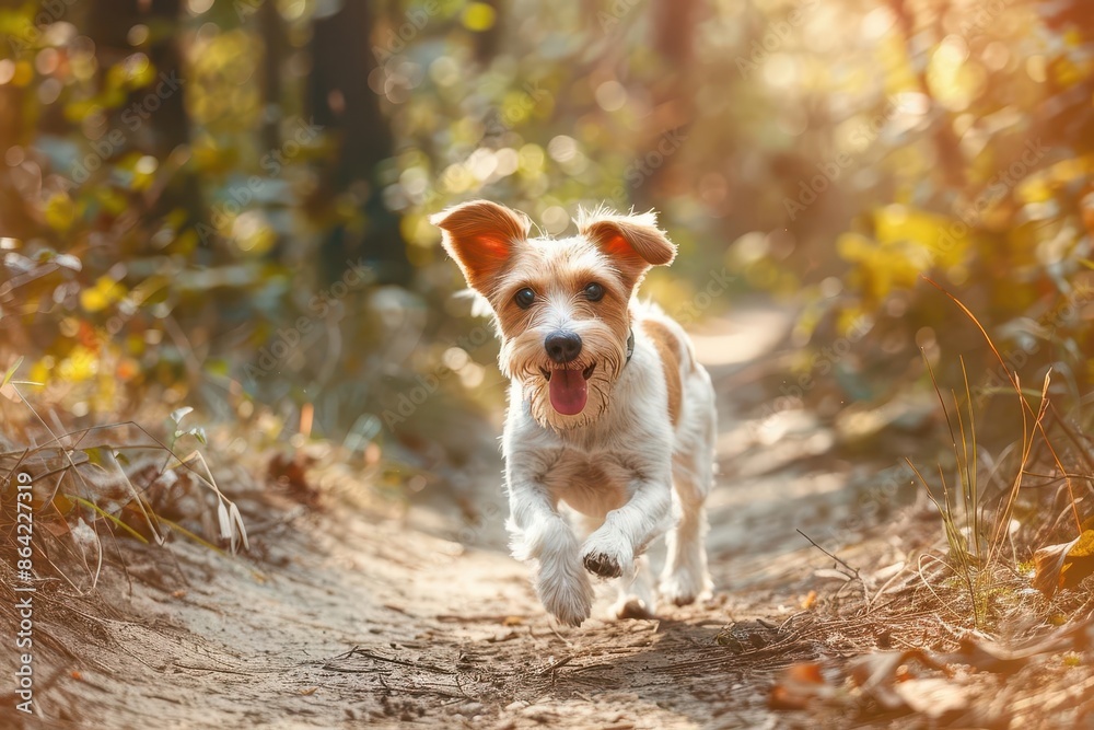 joyful dog bounding along sunlit forest path ears flapping tongue out dynamic pose capturing motion and energy dappled light through trees natural outdoor setting joyful dog bounding along sunlit forest path ears flapping tongue out dynamic pose capturing motion and energy dappled light through trees natural outdoor setting