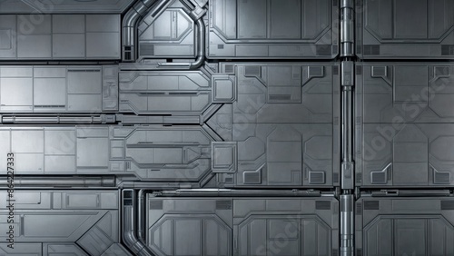A close-up of a futuristic metal wall panel with pipes and grilles, suggesting an industrial or technological environment