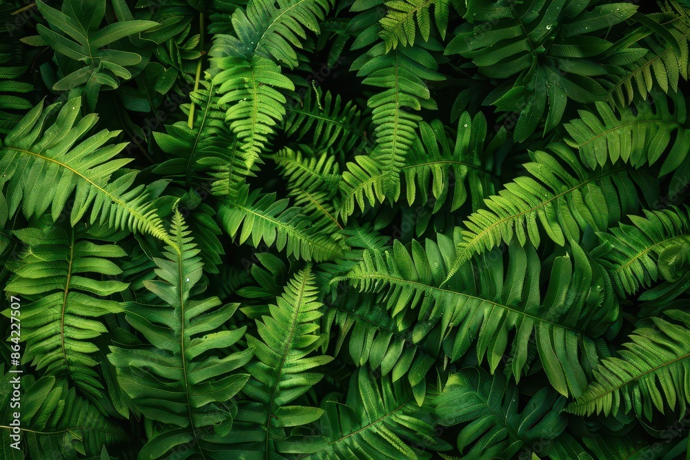 lush fern fronds in various shades of green creating intricate organic patterns macro photography reveals delicate textures and dewdrops soft diffused lighting enhances natural beauty