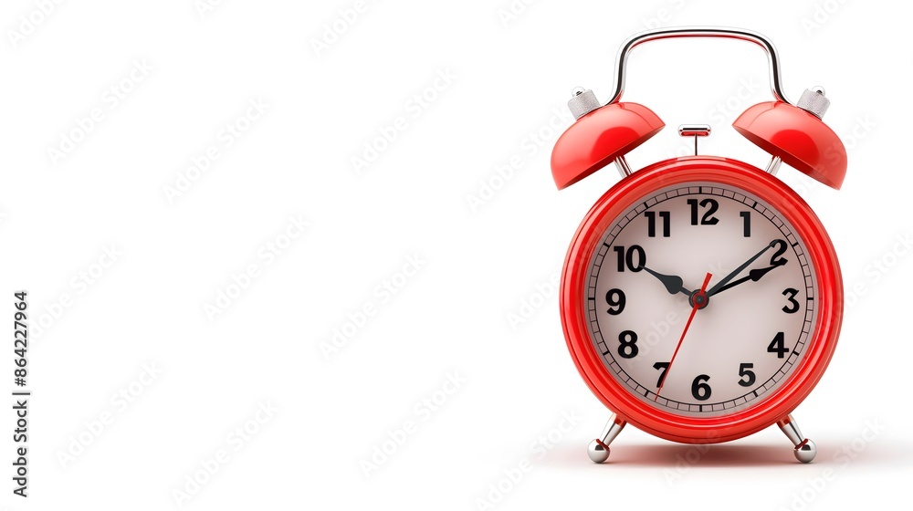 A red alarm clock set against a clean white background, representing time management and punctuality A red alarm clock set against a clean white background, representing time management and punctuality