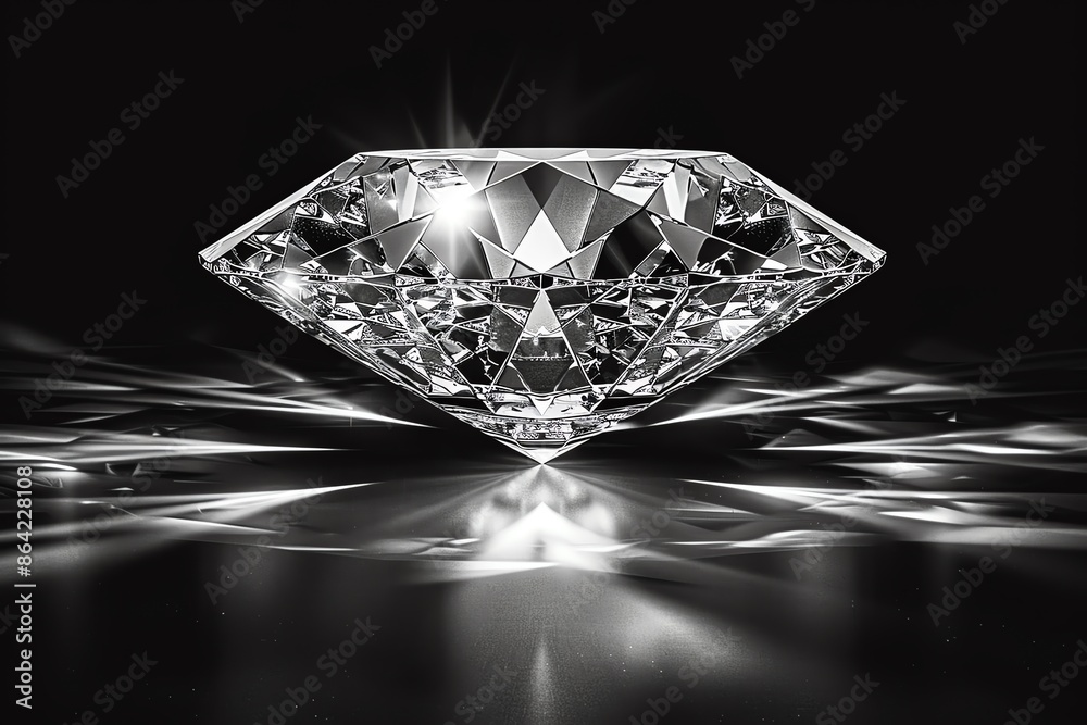 Large diamond placed on a black background Strong light radiates from the diamond