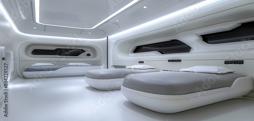Futuristic minimalistic bedroom with sleek white beds and ambient lighting, embodying modern, clean, and contemporary architecture. © kraphix
