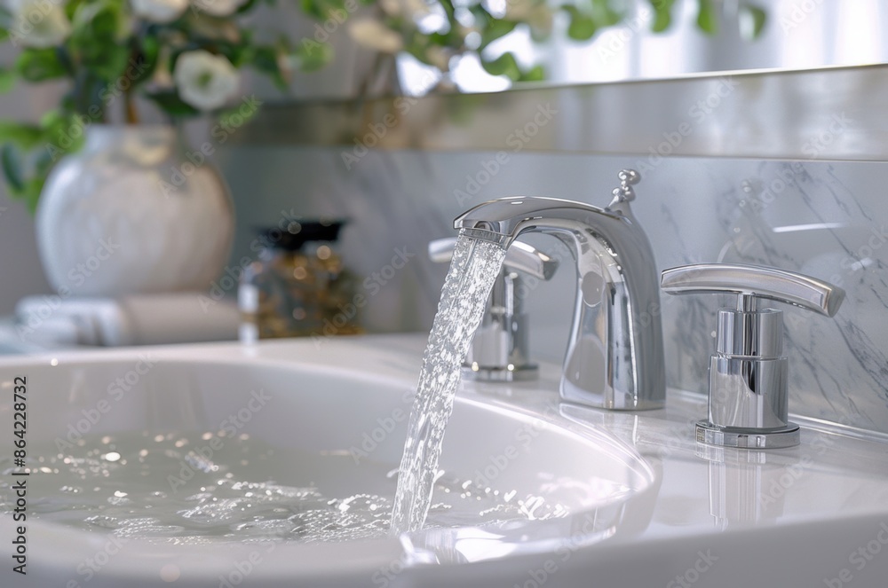 A sleek bathroom faucet with running water in a modern, stylish bathroom setting, featuring flowers and clean marble surfaces. A sleek bathroom faucet with running water in a modern, stylish bathroom setting, featuring flowers and clean marble surfaces.
