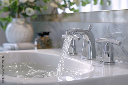 A sleek bathroom faucet with running water in a modern, stylish bathroom setting, featuring flowers and clean marble surfaces.